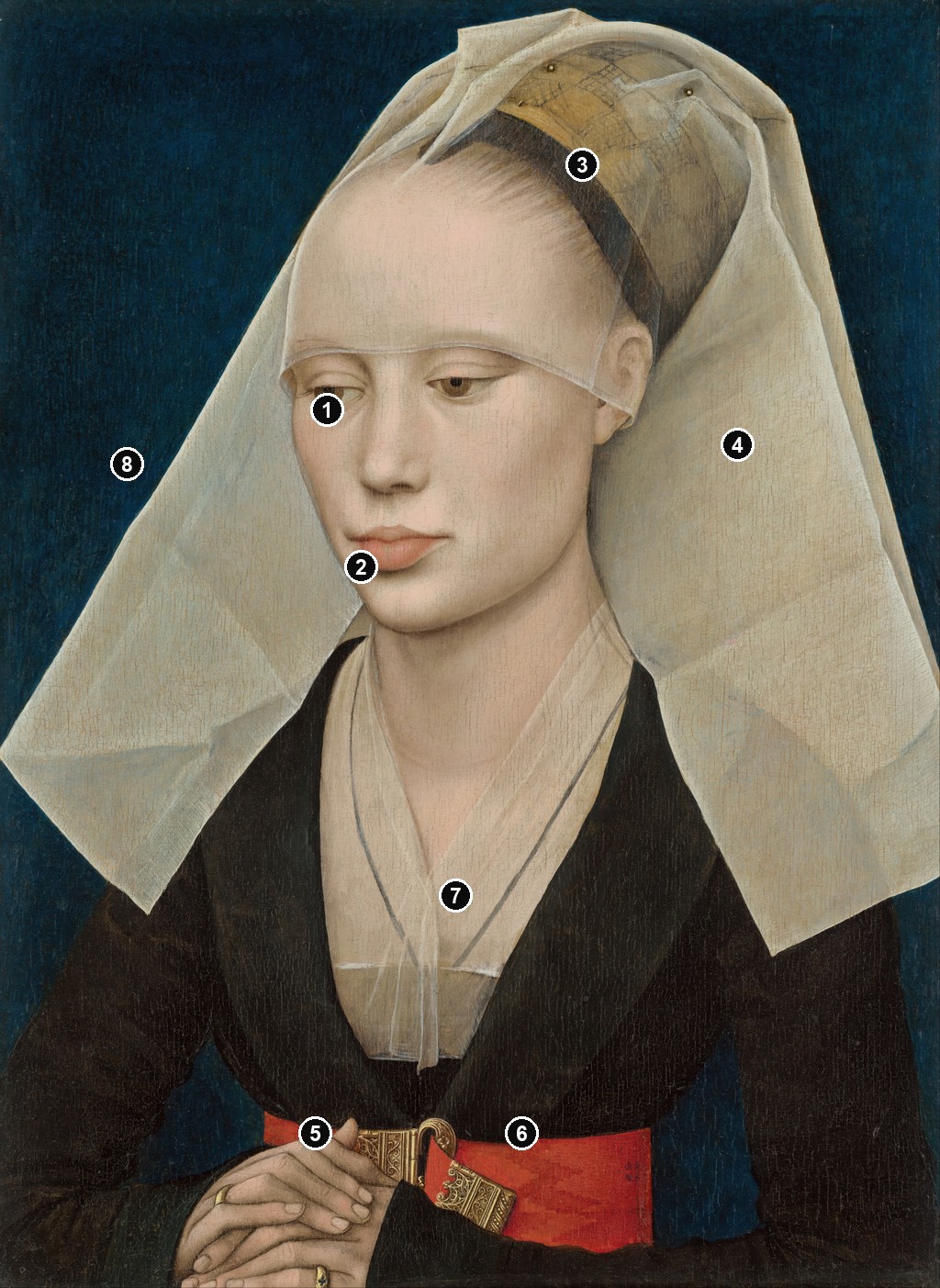 Annotated details from Portrait of a Lady by Rogier van der Weyden